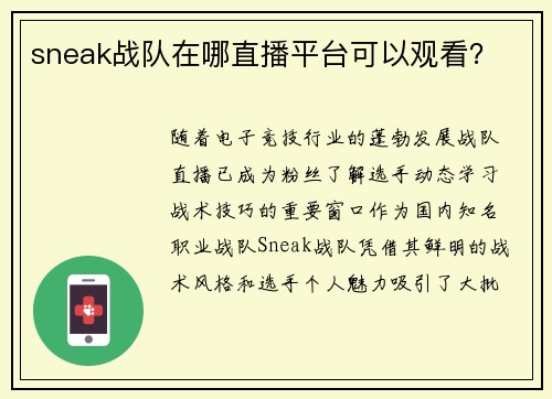 sneak战队在哪直播平台可以观看？